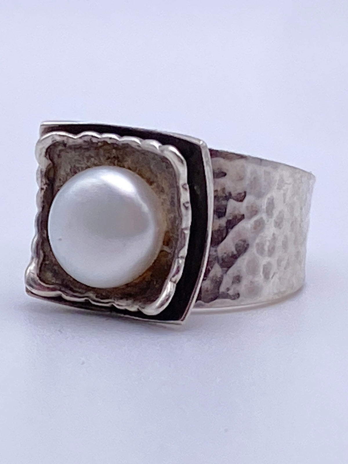Modernist Hammered Sterling Silver Ring with Freshwater Pearl
