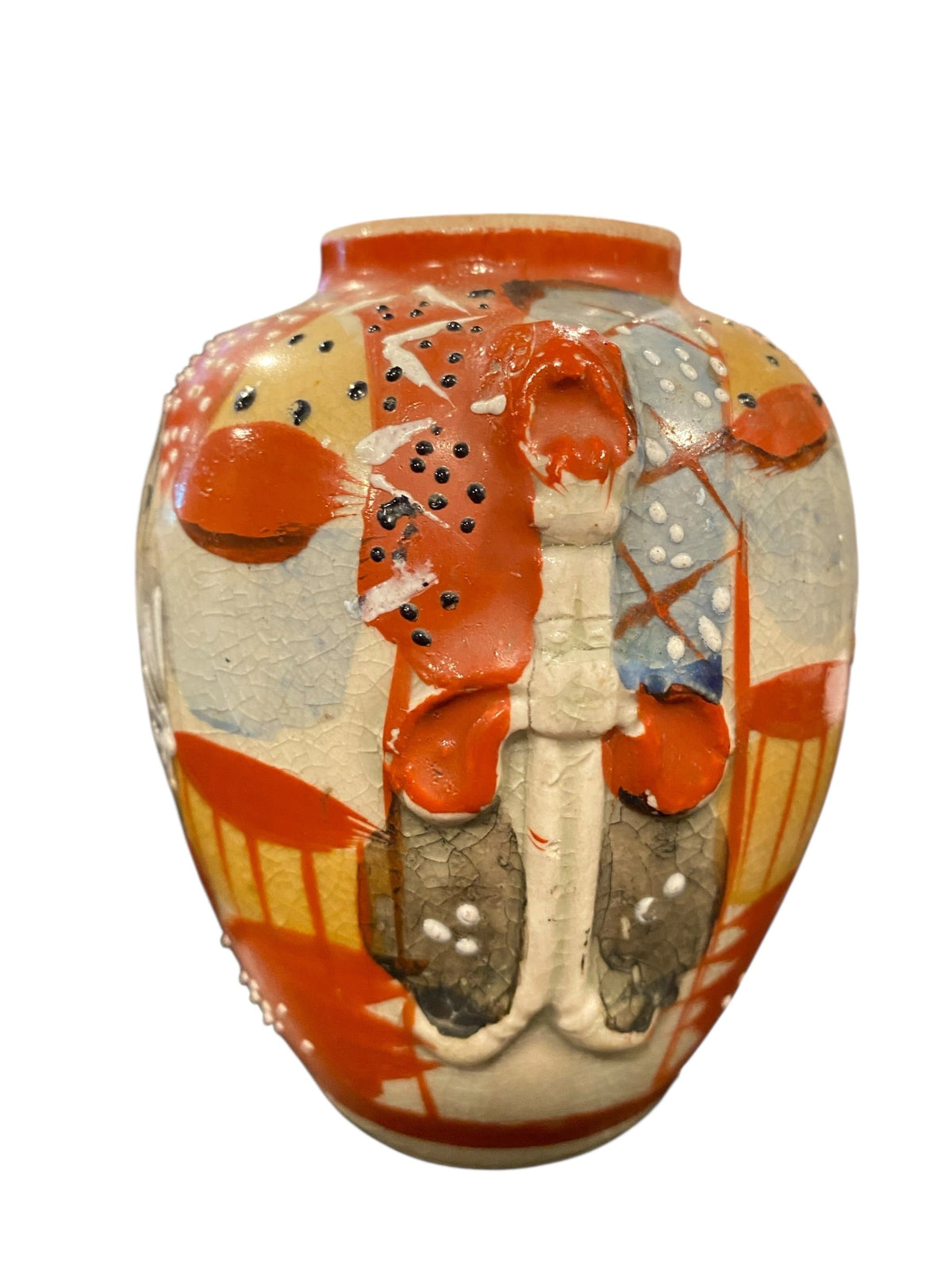Antique Satsuma Ware Red Painted Human Figure Vase