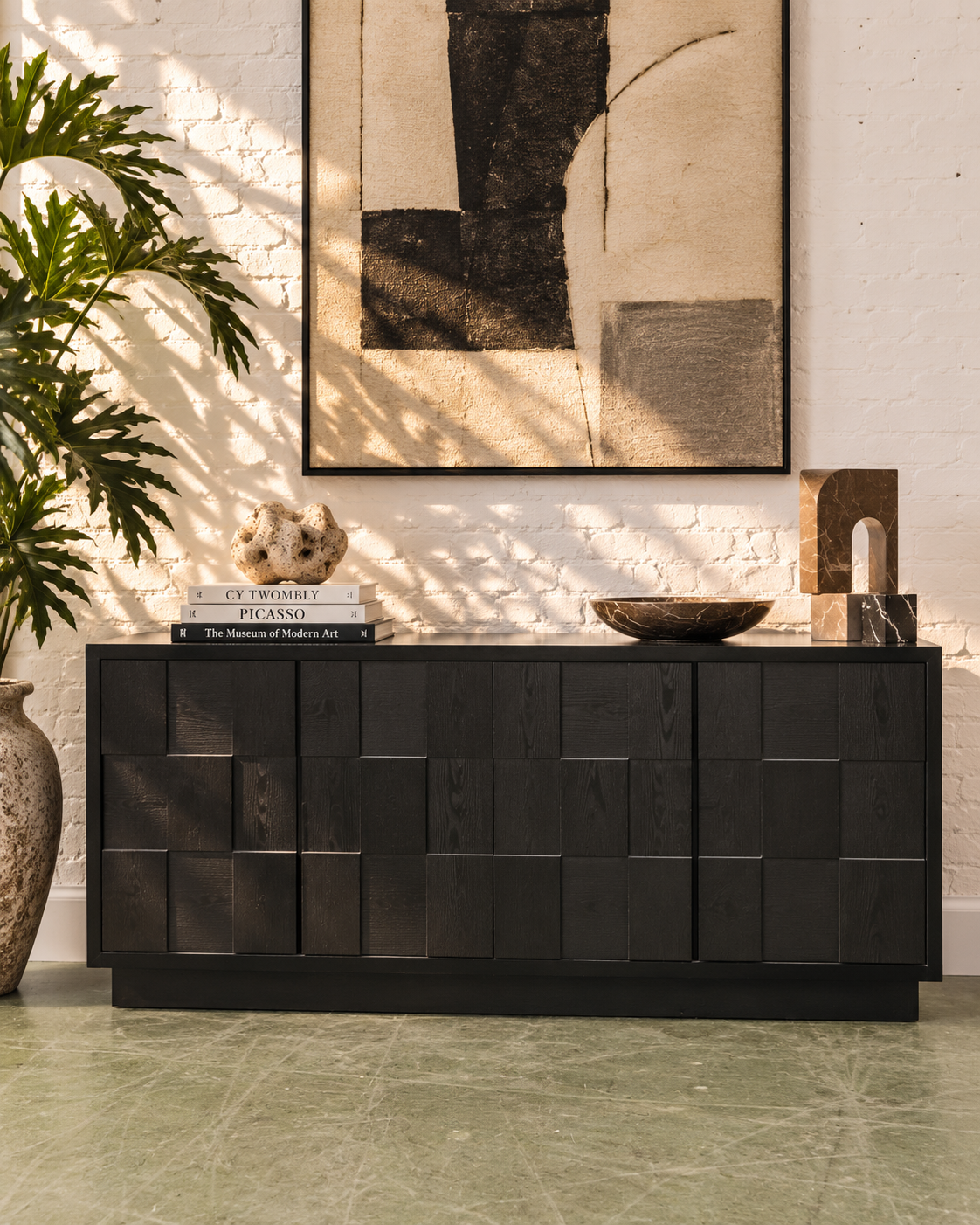 Sculptural Black Geometric Credenza with Brutalist-Inspired Front