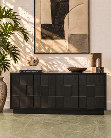 Sculptural Black Geometric Credenza with Brutalist-Inspired Front