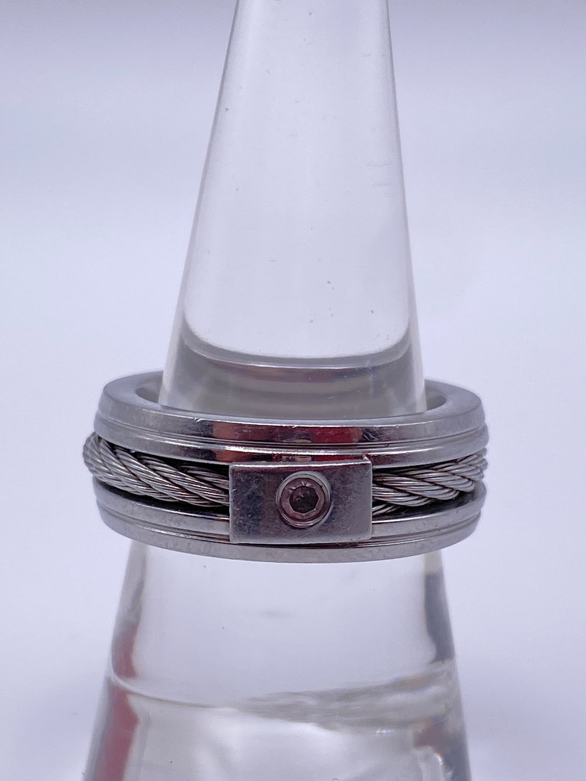 Men's Polished Stainless Steel Cable Crystal Band Ring