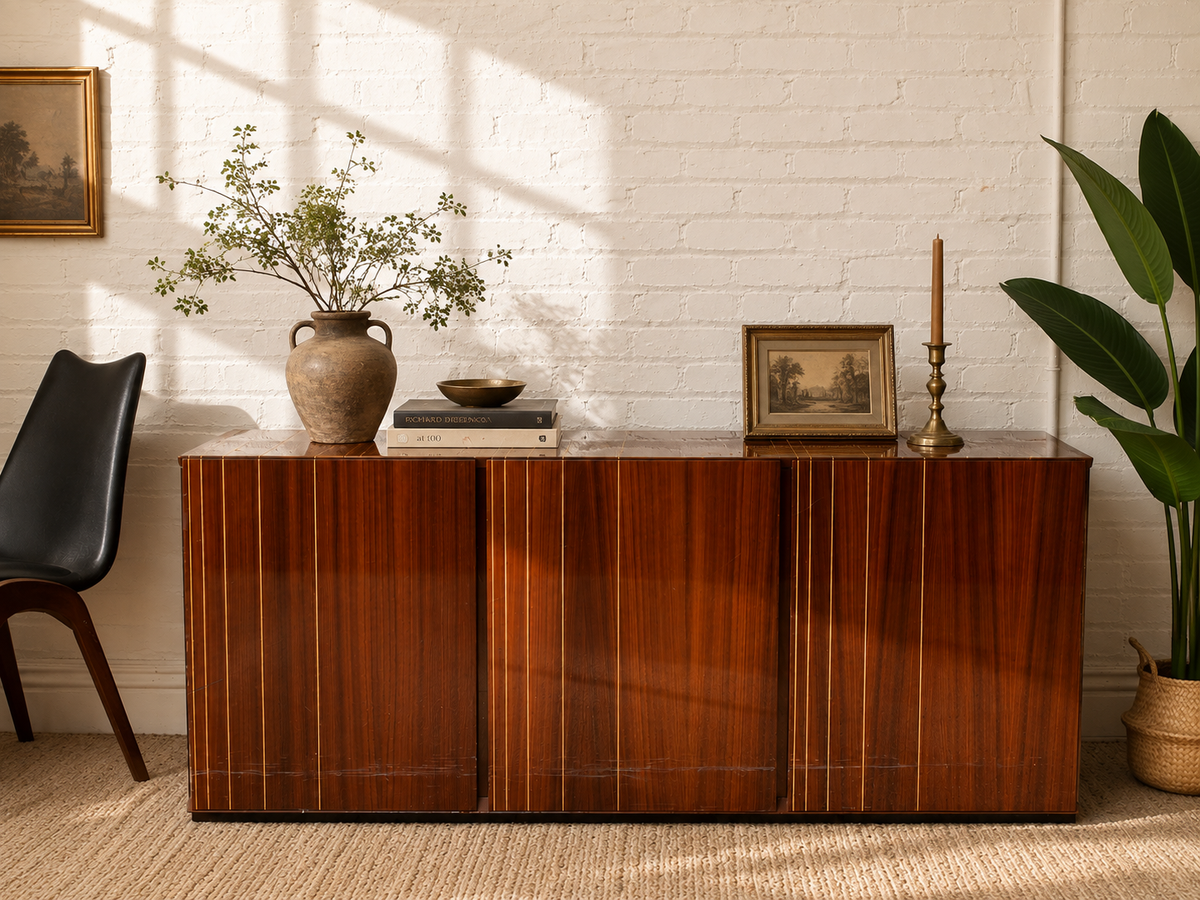 Vintage Italian High-Gloss Wood Three-Door Credenza