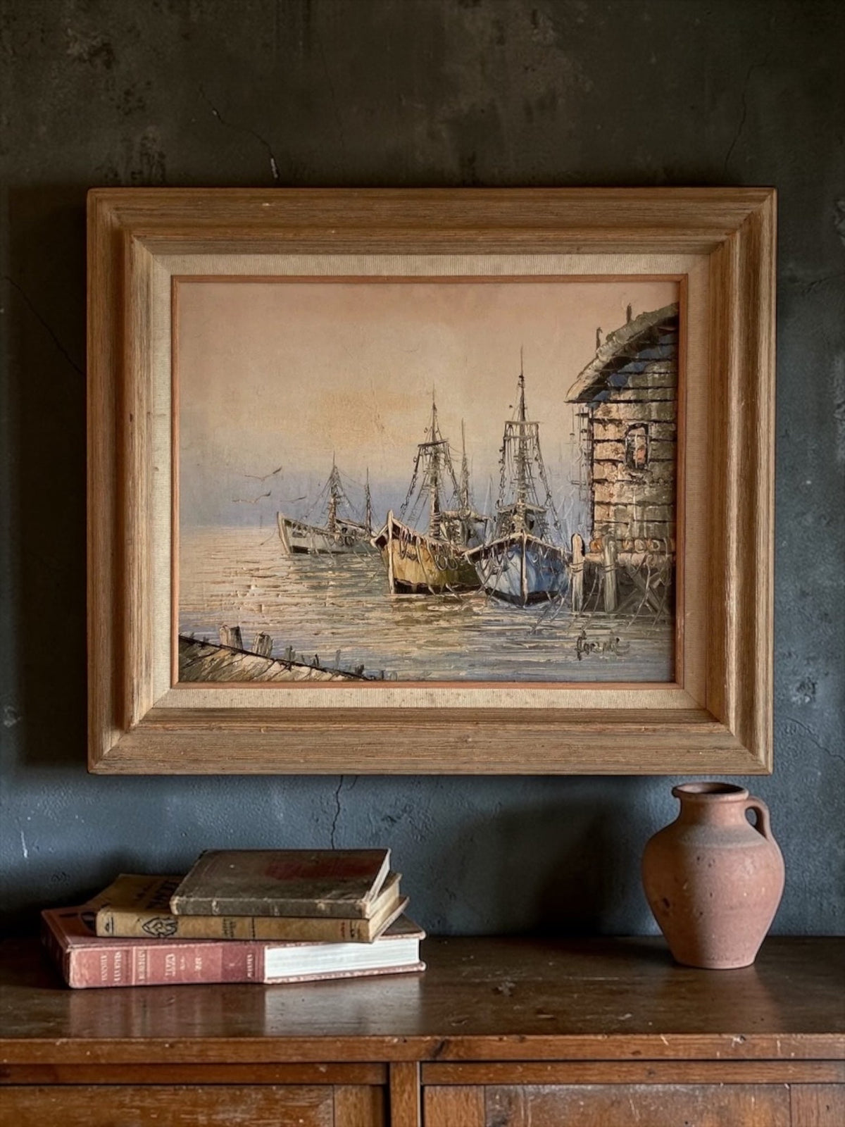 Harbor at Dusk Mid Century Oil Painting