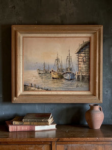 Harbor at Dusk Mid Century Oil Painting
