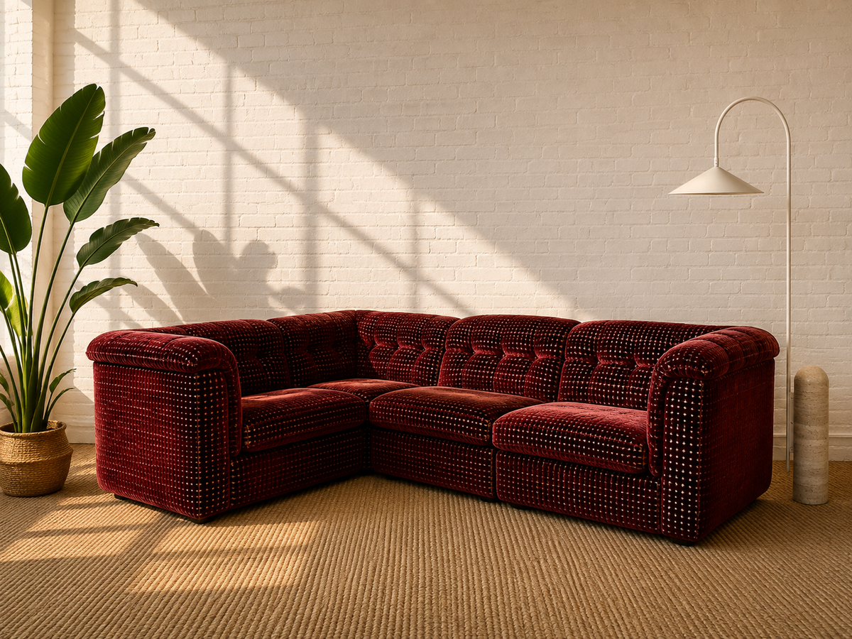 1970’s Italian Original Zanotta 4 Piece Modular Sofa Reupholstered in Checkered Velvet