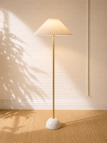 Modern Brass Floor Lamp with White Pleated Shade and Marble Base