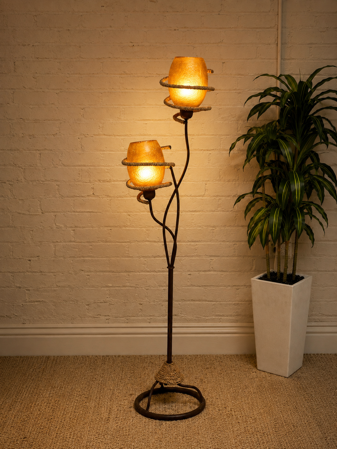 Vintage Atomic Mid-Century Two-Light Floor Lamp with Fiberglass Shades