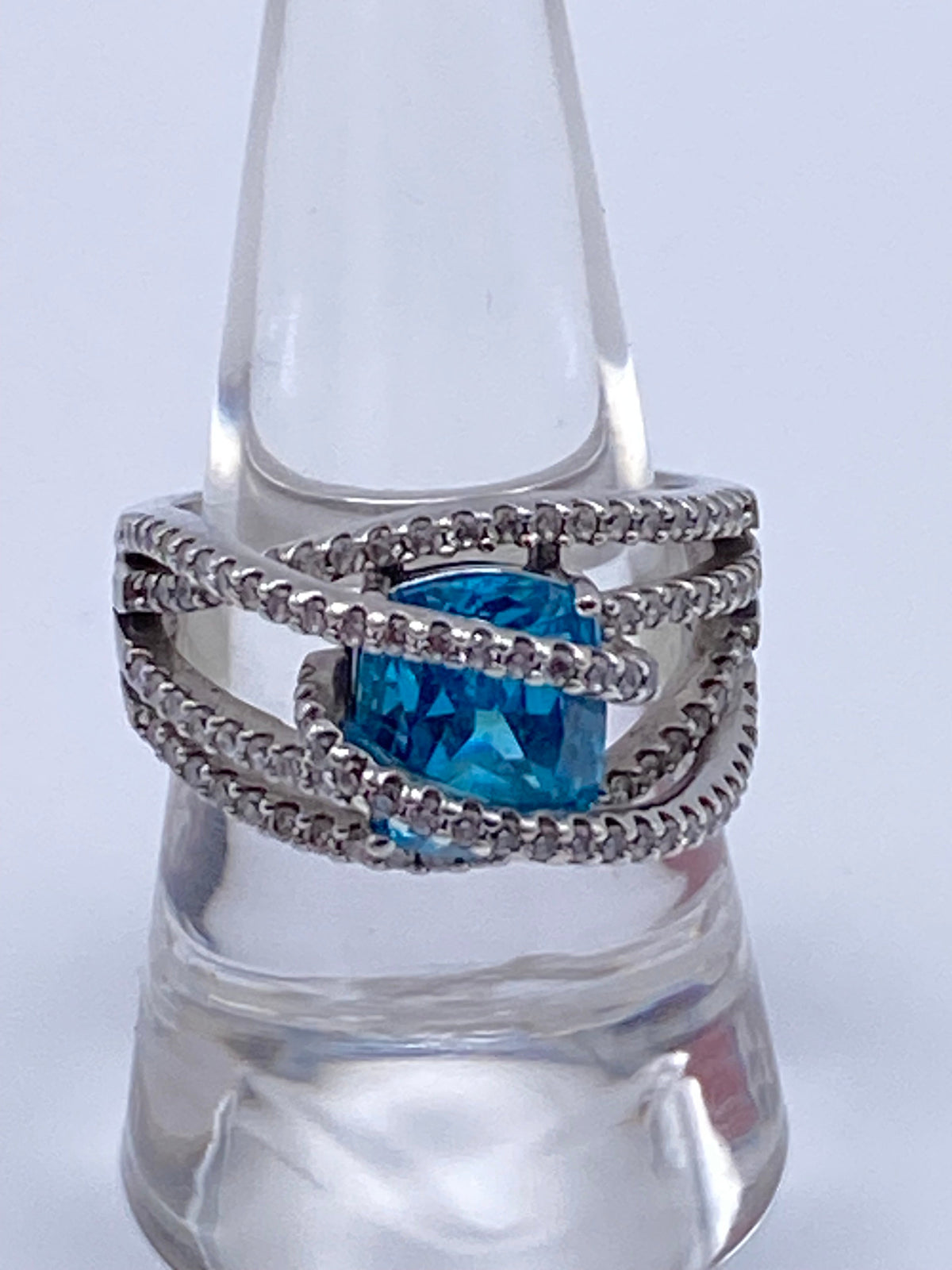 Sterling Silver Blue Topaz Bypass Ring with Cubic Zirconia Accents