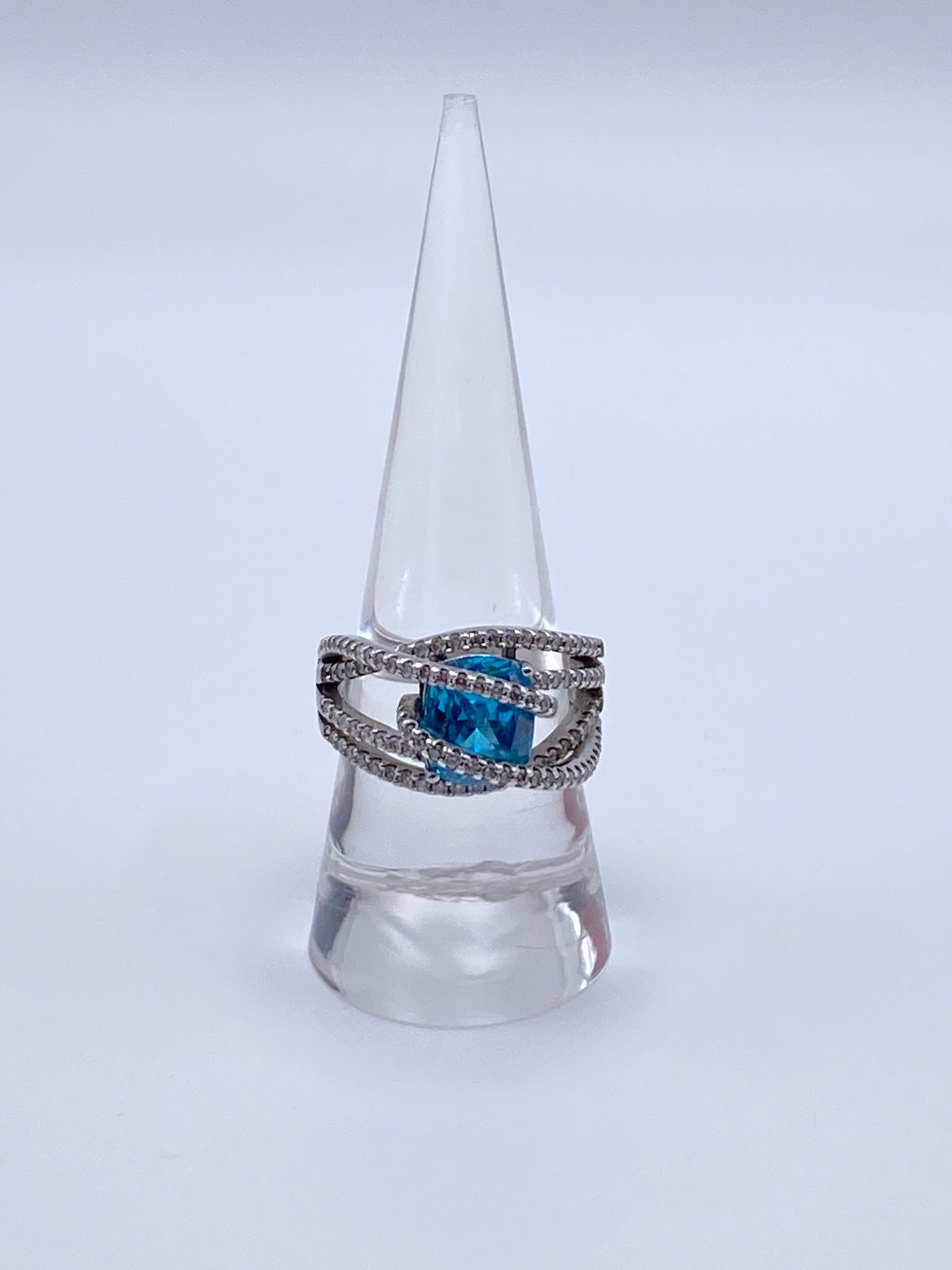 Sterling Silver Blue Topaz Bypass Ring with Cubic Zirconia Accents