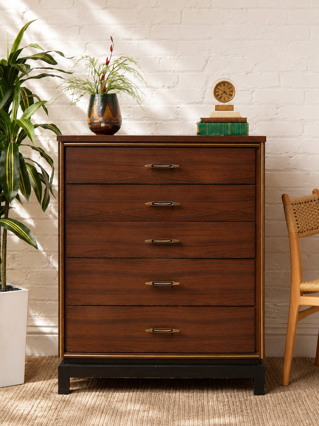 Vintage Mid-Century Walnut Five-Drawer Highboy Dresser