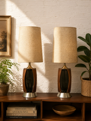 Vintage Mid-Century Table Lamp featuring Sculptural Wood Frame, Smoked Glass Panels, Metal Base and Tall Neutral Fabric Shade