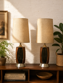 Vintage Mid-Century Table Lamp featuring Sculptural Wood Frame, Smoked Glass Panels, Metal Base and Tall Neutral Fabric Shade