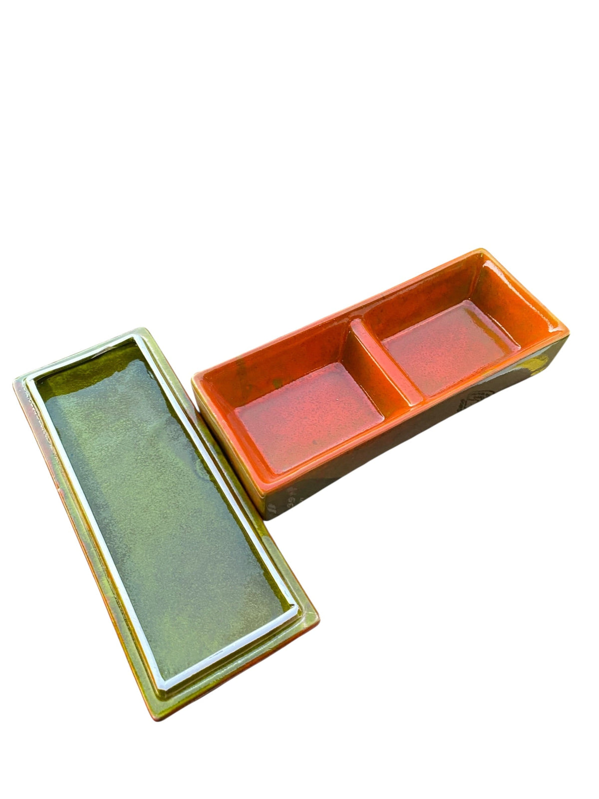 1960s  Sunset Orange and Seafoam Green Italian Ceramic Trinket Box