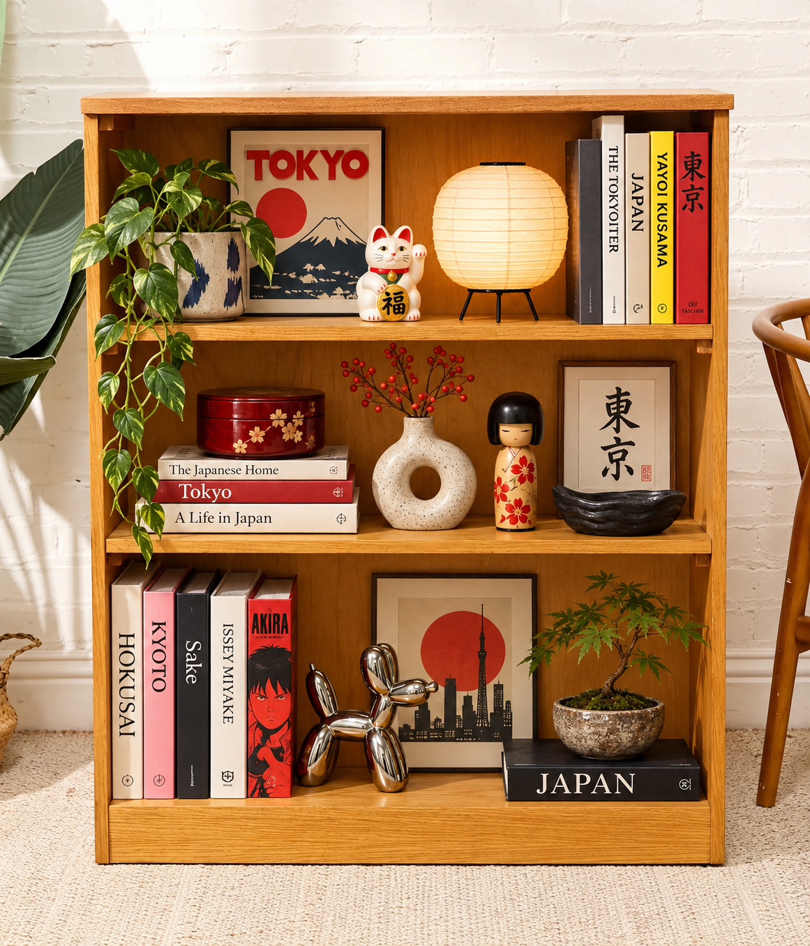 Vintage Light Wood Three-Shelf Bookcase