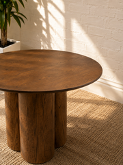 Stella Modern Round Oak Dining Table with Sculptural Triple Pedestal Base