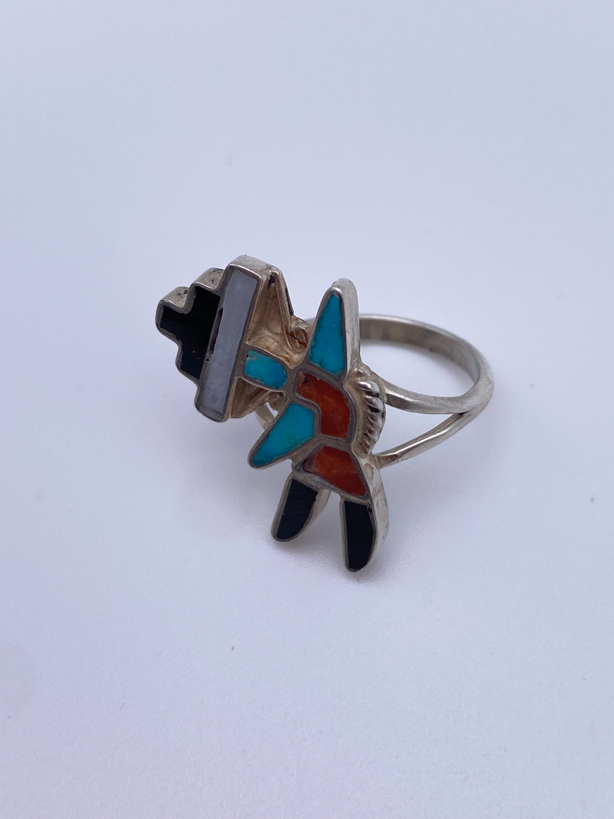 Zuni Sterling Ring with Turquoise Coral and Onyx