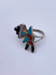 Zuni Sterling Ring with Turquoise Coral and Onyx