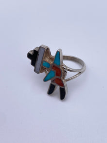 Zuni Sterling Ring with Turquoise Coral and Onyx