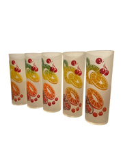 Set of Five Frosted High Ball Fruit Glasses