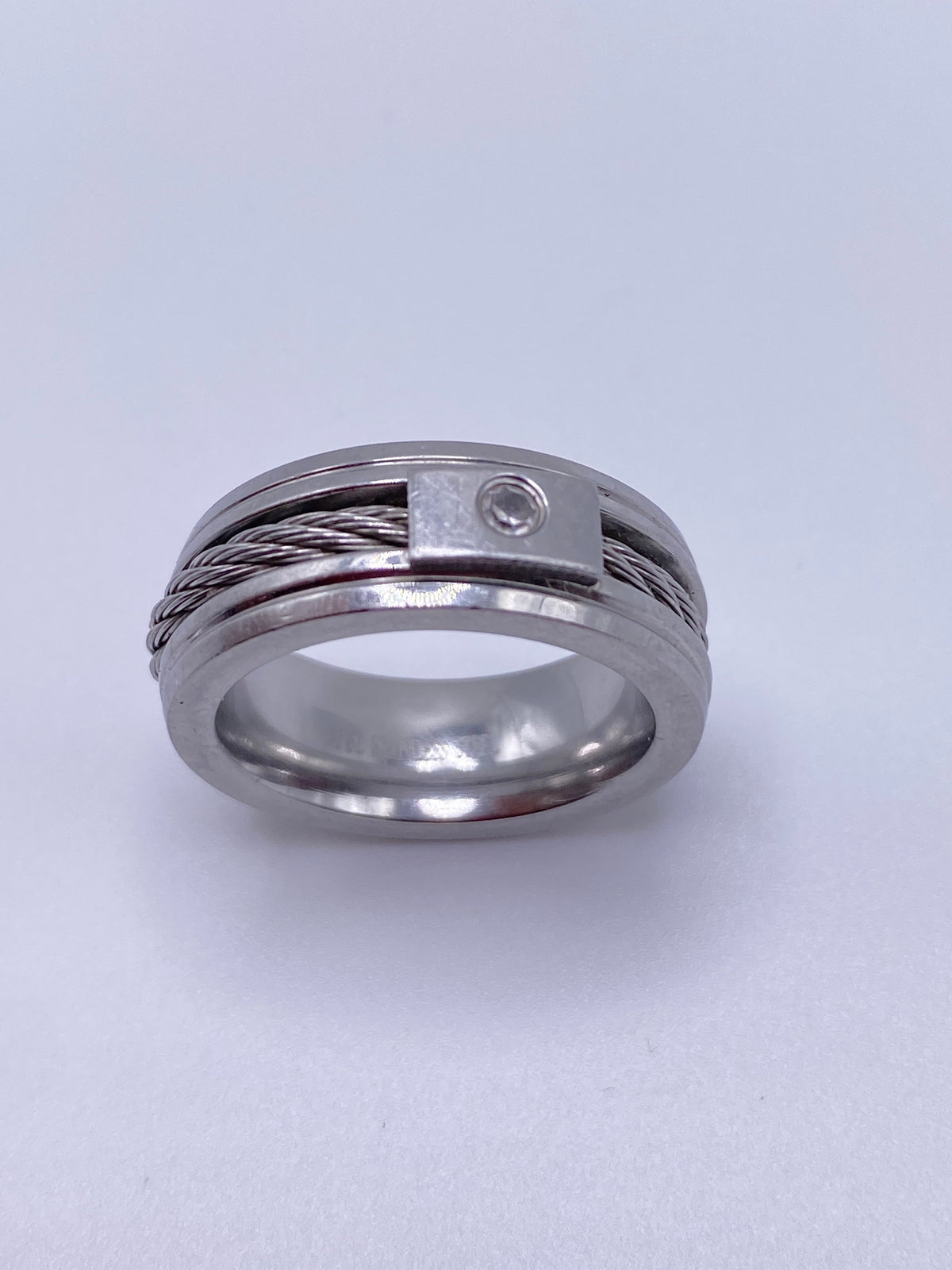 Men's Polished Stainless Steel Cable Crystal Band Ring