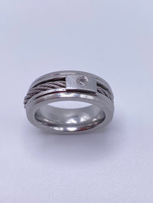 Men's Polished Stainless Steel Cable Crystal Band Ring
