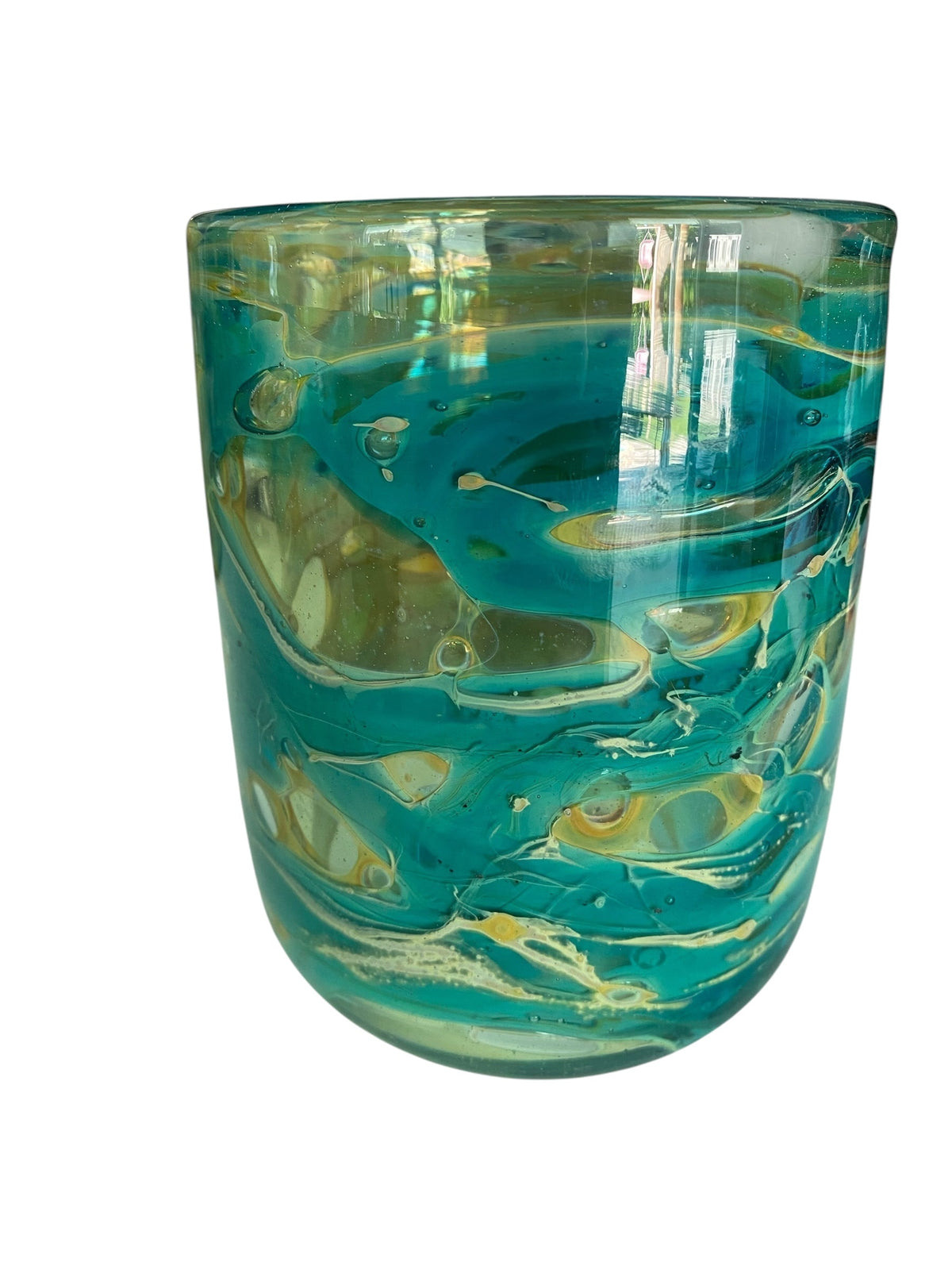 Beautiful Rare Mdina Glass Vase with Swirls of Turquoise and Amber