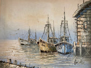 Harbor at Dusk Mid Century Oil Painting