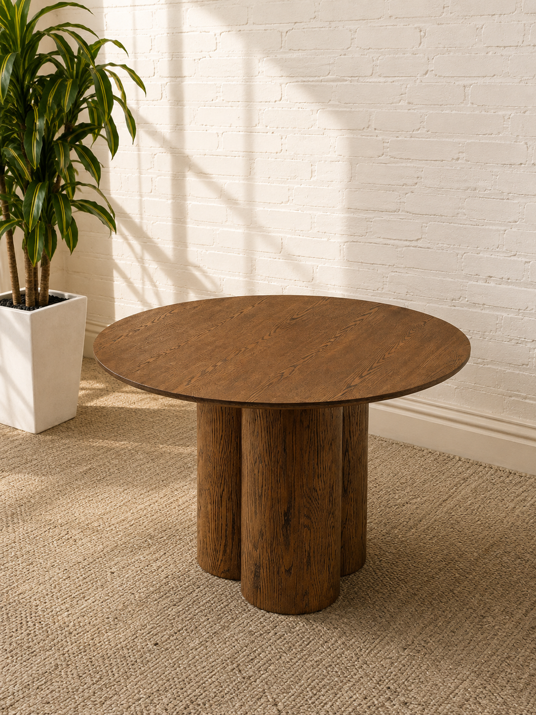 Stella Modern Round Oak Dining Table with Sculptural Triple Pedestal Base