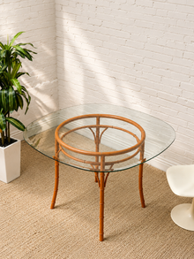 Vintage Bamboo-Style Orange Round Dining Table with Glass Top