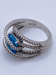 Sterling Silver Blue Topaz Bypass Ring with Cubic Zirconia Accents