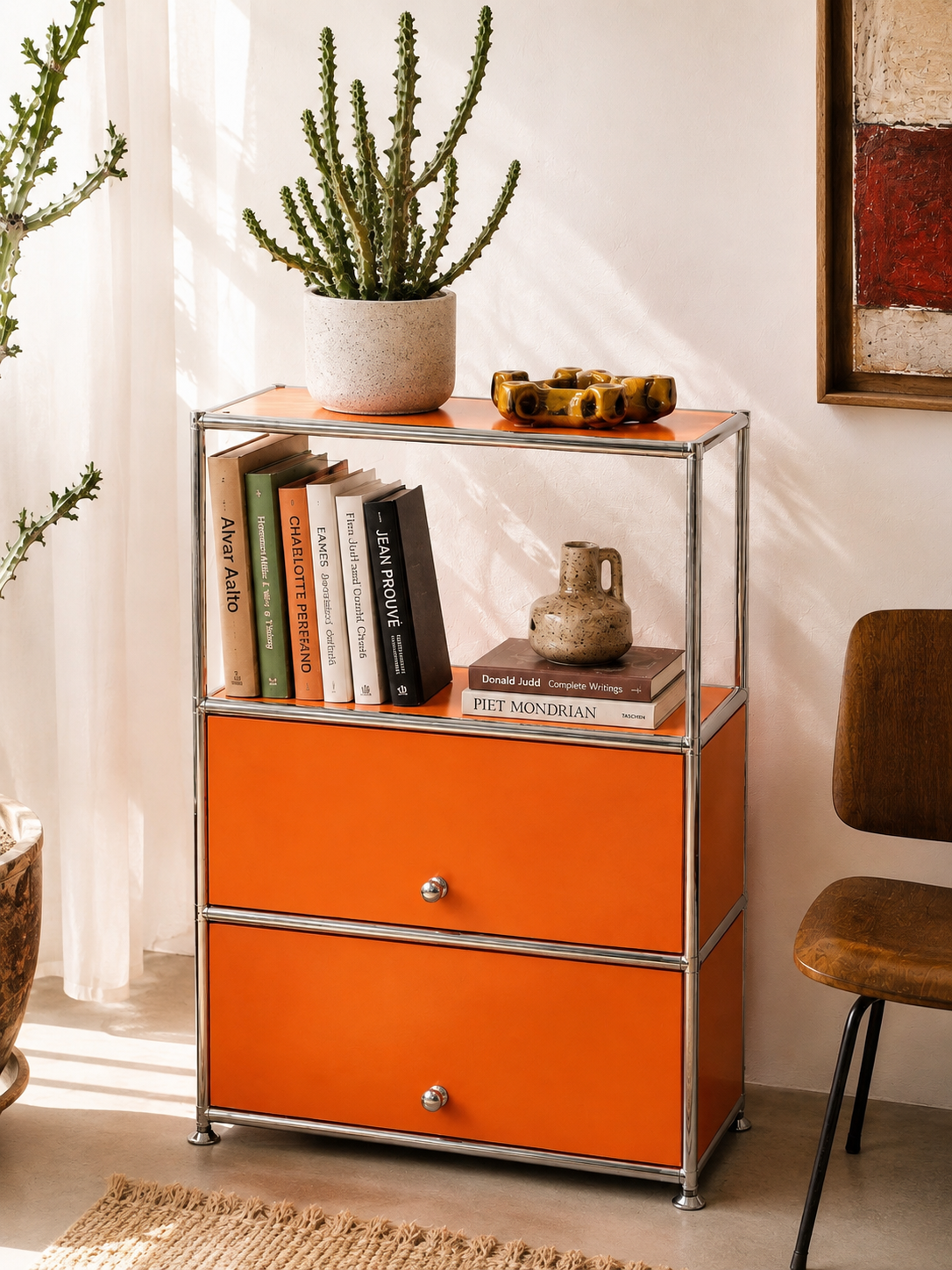 Orange and Chrome Two-Drawer Storage Cabinet with Shelf