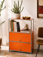 Orange and Chrome Two-Drawer Storage Cabinet with Shelf
