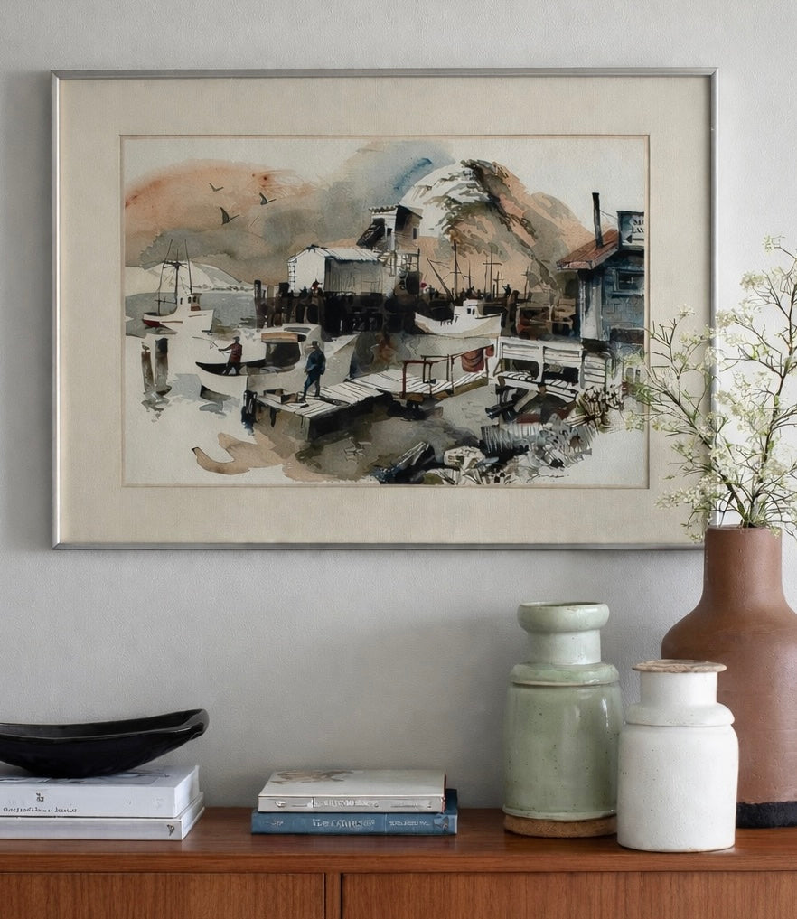 Watercolor Boats at Port Original Watercolor Signed