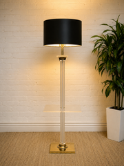 Vintage Hollywood Regency Lucite and Brass Floor Lamp with Built-In Table