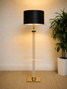 Vintage Hollywood Regency Lucite and Brass Floor Lamp with Built-In Table