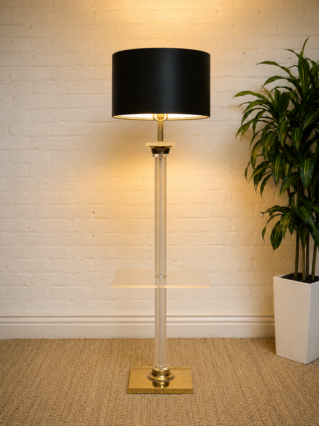 Vintage Hollywood Regency Lucite and Brass Floor Lamp with Built-In Table