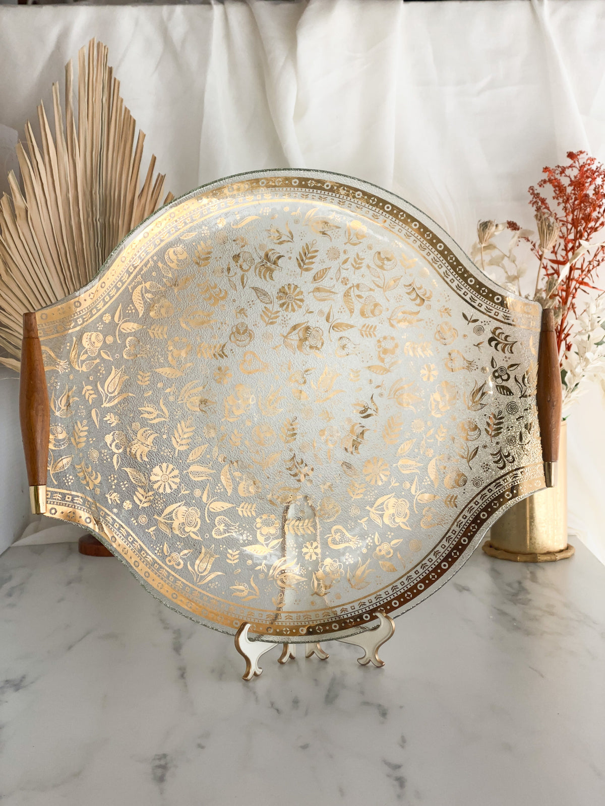 Vintage Glass Tray with Gold Floral Accents