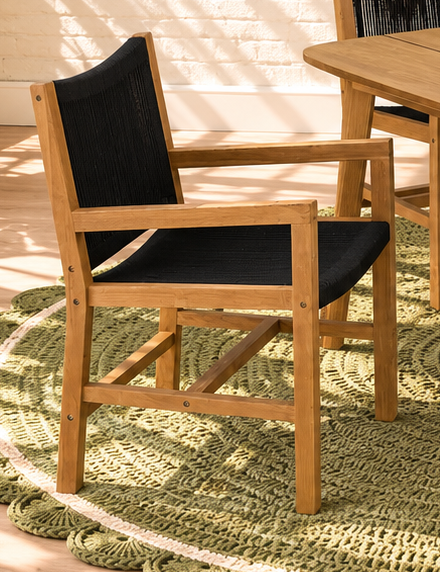 Alessia Dining Set with Warm Wood Table and Four Woven Rope Armchairs in Black