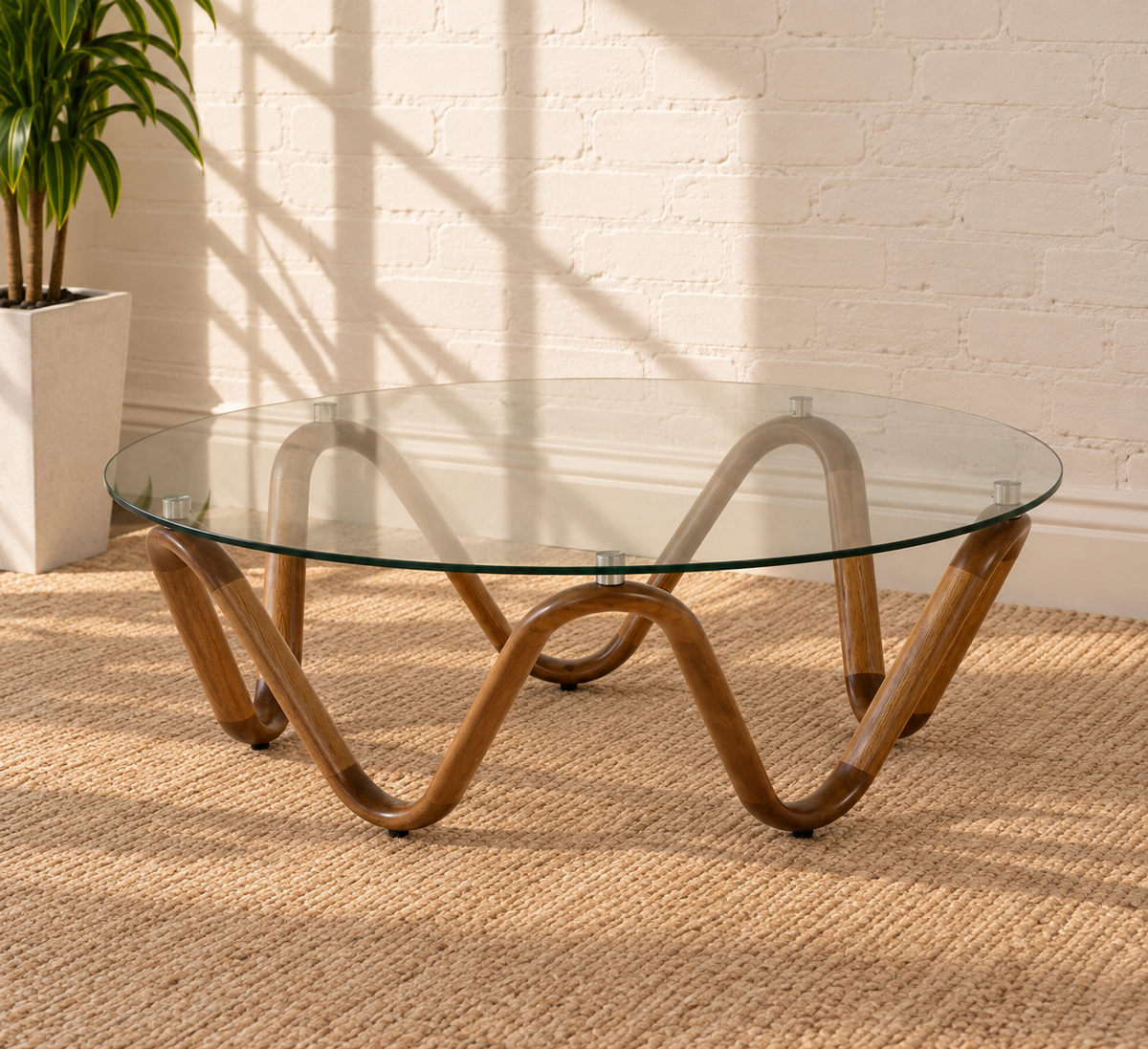 Amalia Wave Base Glass Coffee Table in Walnut