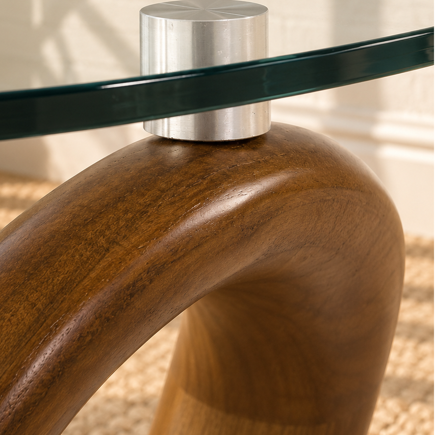 Amalia Wave Base Glass Coffee Table in Walnut