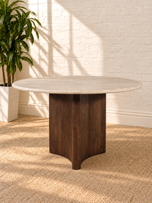 Archie 48" Travertine Top Dining Table in Natural Brown Wood Pedestal