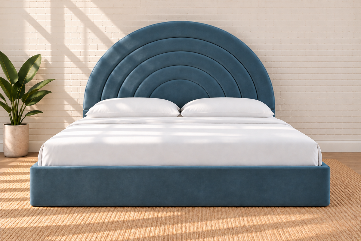 Astrid Velvet Arched King-Size Bed in Slate Blue