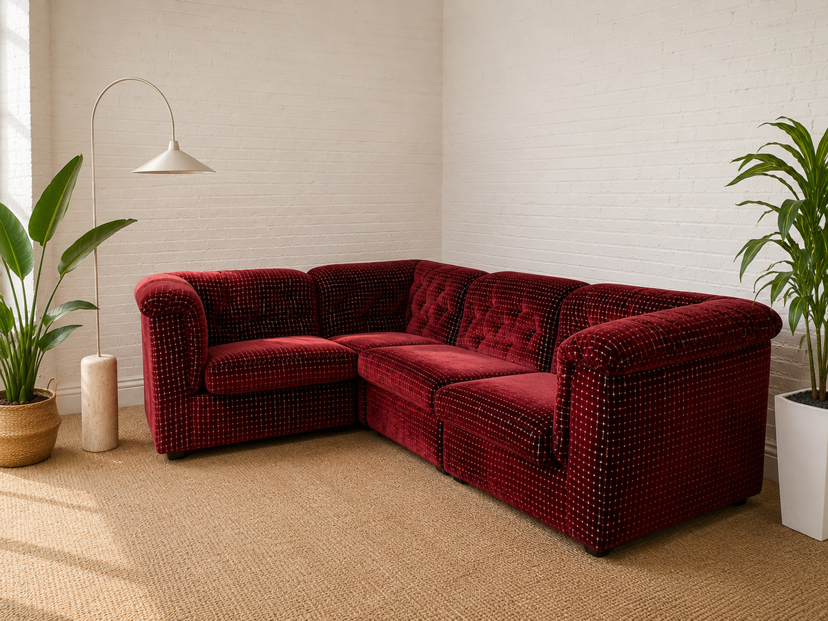 1970’s Italian Original Zanotta 4 Piece Modular Sofa Reupholstered in Checkered Velvet