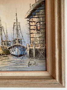 Harbor at Dusk Mid Century Oil Painting