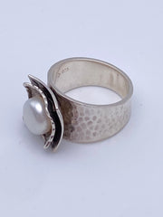 Modernist Hammered Sterling Silver Ring with Freshwater Pearl