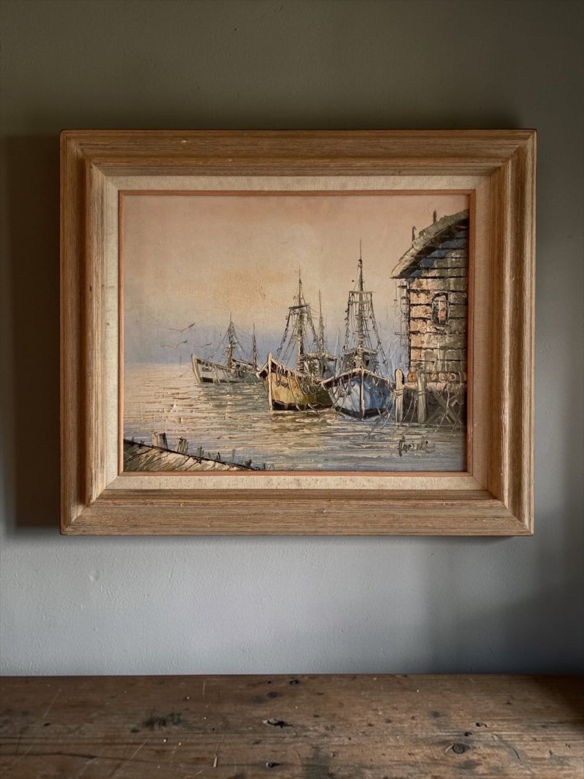 Harbor at Dusk Mid Century Oil Painting