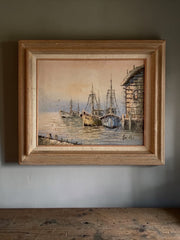 Harbor at Dusk Mid Century Oil Painting