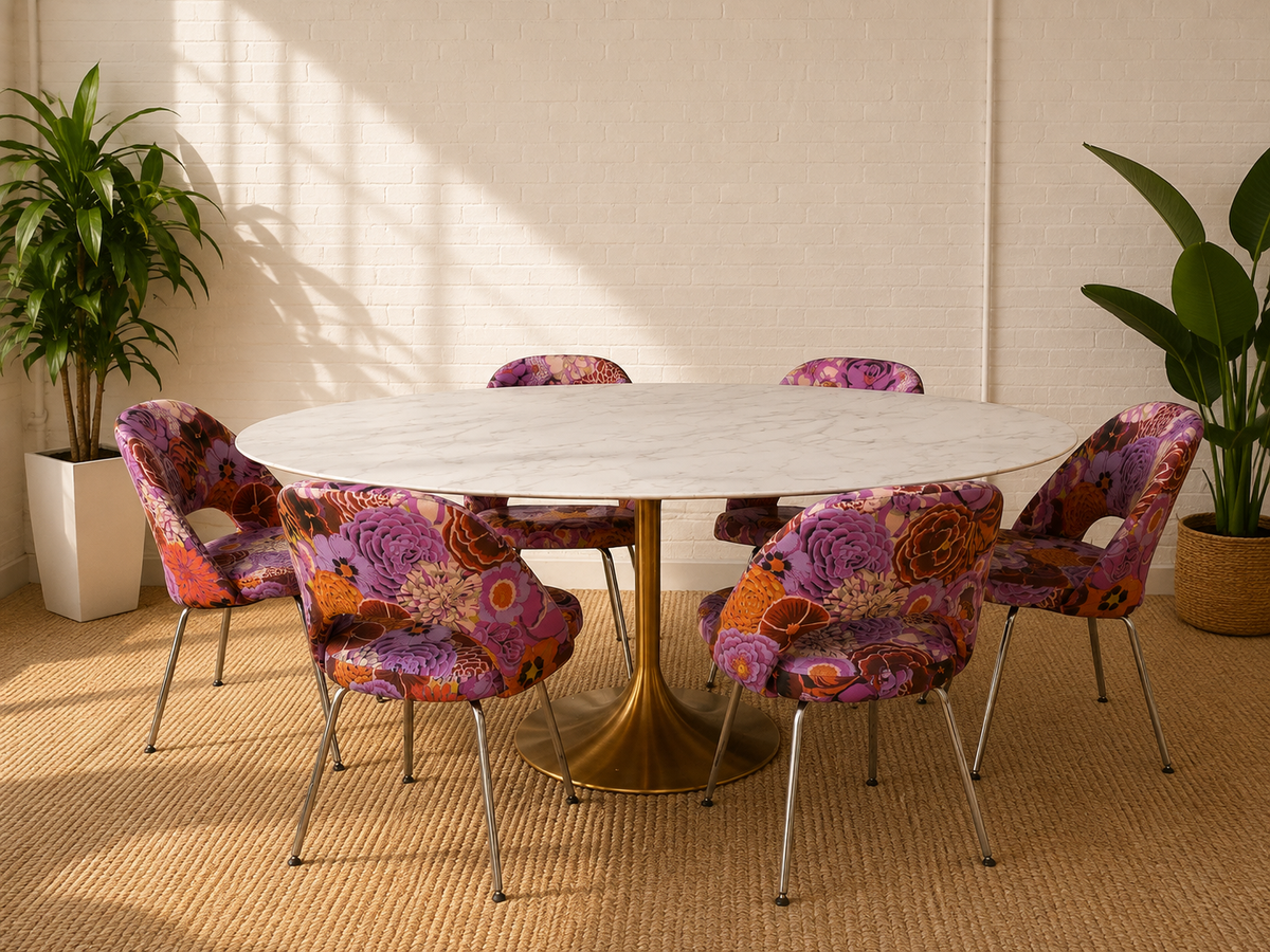 Daisy Modern Oval Marble Dining Table with Brass Tulip Pedestal Base