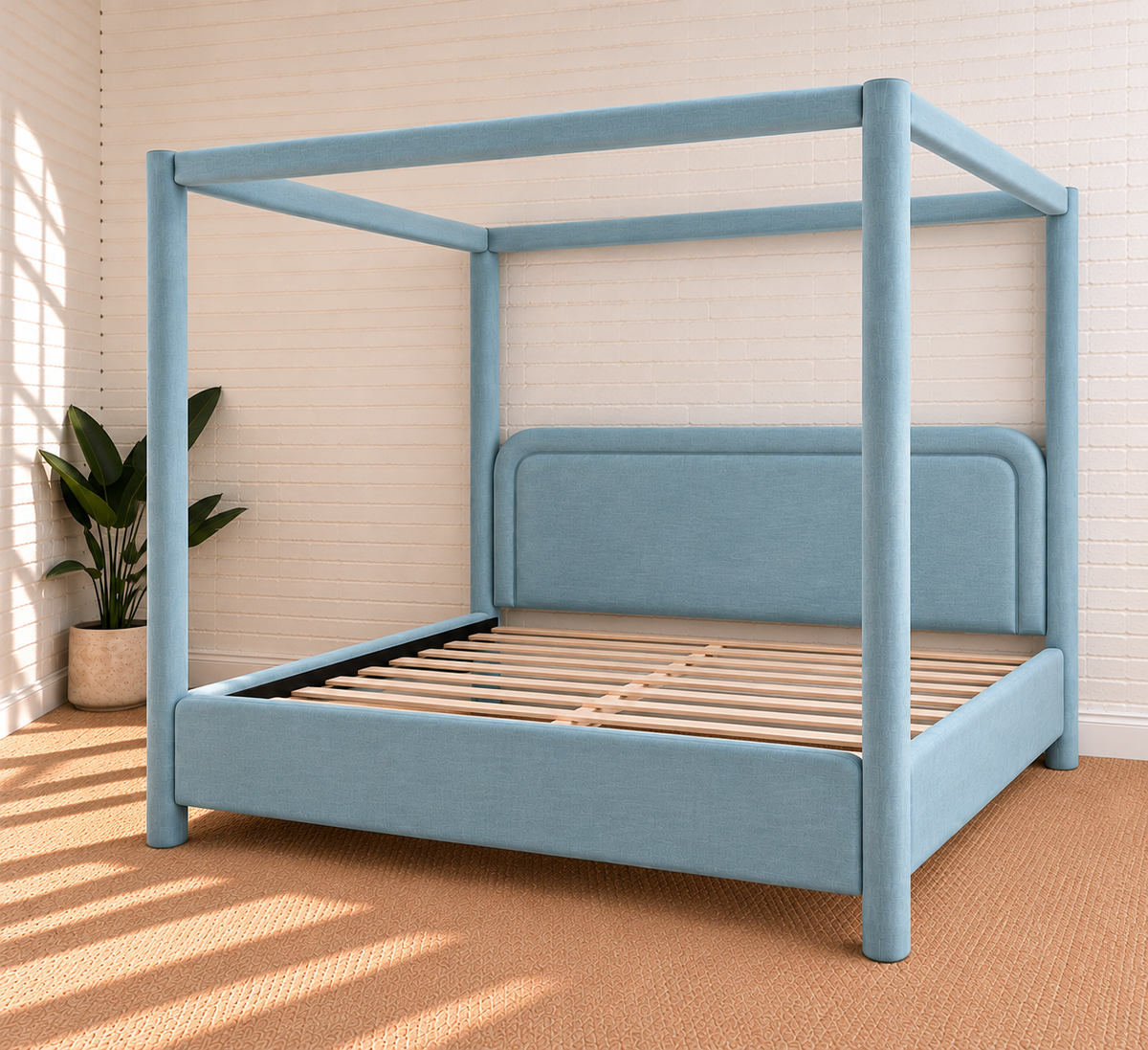 Callum King-Size Upholstered Canopy Bed Frame in Misty Blue