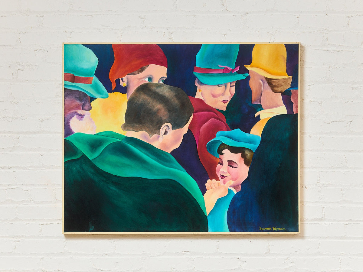 1970's Acrylic on Canvas Boy in The Crowd French Painting by Deanne Mineau
